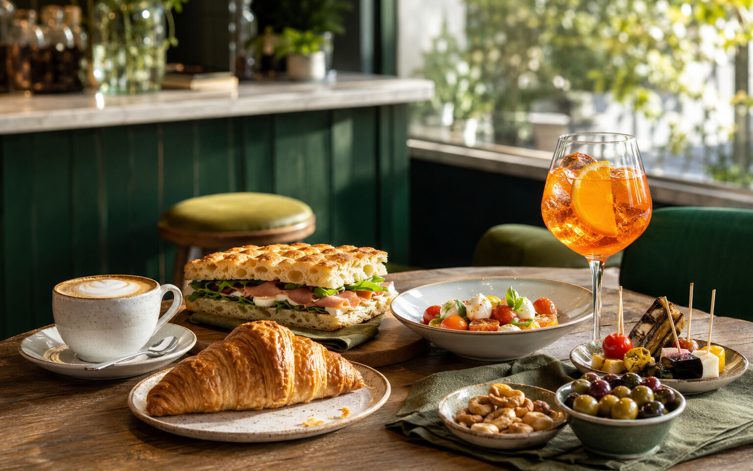 Il bancone del Green Bar con caffè, brioche, panini e aperitivo